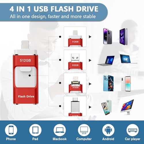 Image of 512GB Flash Drive[No App Required] Intended for Phone Tablet Androidphone and Computers, 4 in 1 Photo Stick for Phone Memory Storage Easily Backup Photos Videos（red）