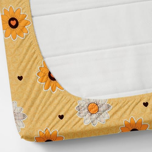 Image of KAWI Elastic Fitted Bedsheet Cotton Blend Double Bed with 2 Pillow Cover (72 inch X 78 inch)- Cream Colour-Yellow Colour Print