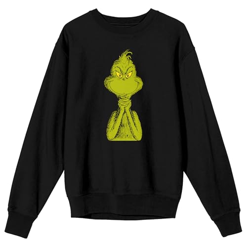Bioworld The Grinch Half Body Menacing Smile Mens Black Crew Neck Long Sleeve Sweatshirt-Medium