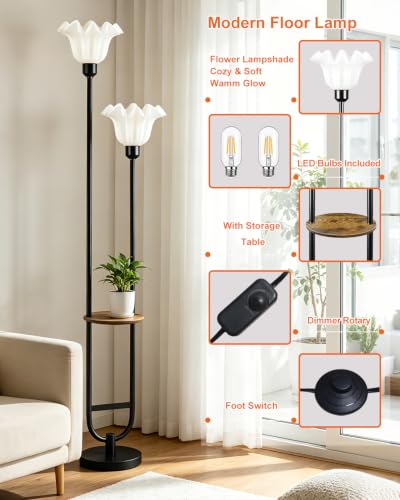 Image of 2-Light Flower Floor Lamp with Side Table, Dimmable Floor Lamp with 3000K Warm White Bulbs, Modern Black Metal Tall Standing Lamp for Living Room Bedroom Sofa Corner Home Decor