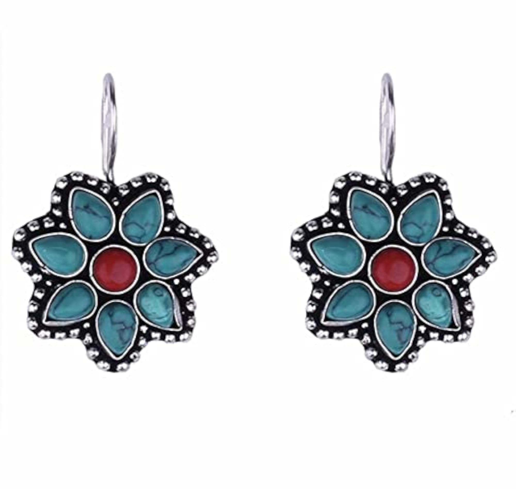 Oxidized Silver AD Turquoise Stone Fish Hook Earrings for Women