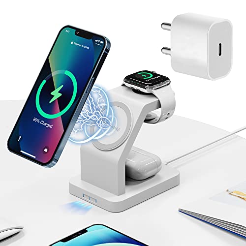 Image of eller sante Combo 3in1 23W Magnetic MagSafe Wireless Charger with 20W Fast Charger Adapter for iPhone 17 /17 Air /17 Pro /17 Pro Max, 16 /16 Plus /16 Pro /16 Pro Max, 15 /14 /13 /12 Series- WH