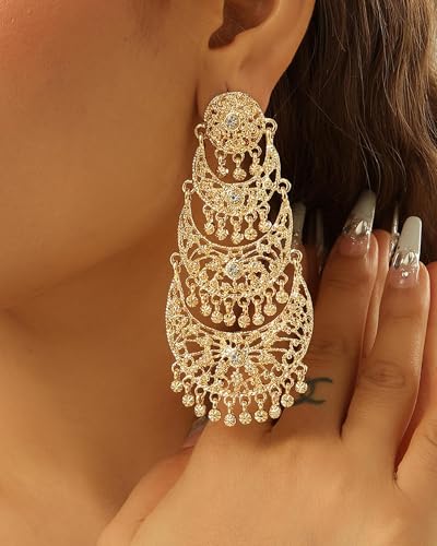 Gold Jhumkas Indian Earrings for Women Vintage Indian Bollywood Chandelier Earrings Traditional Tribal Ethnic Jhumka Ear-rings Indian Dress Outfits Wedding Prom Jewelry Accessories2