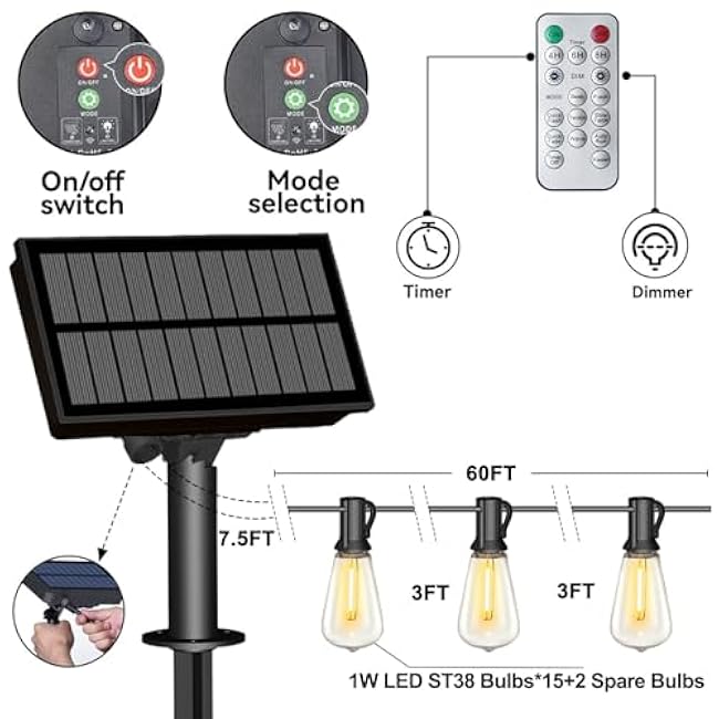Stright 60FT Solar String Lights Outdoor Weatherproof with Remote, Solar Powered LED Edison Bulb 15 Sockets Outdoor String Lights for Outside Patio Backyard Fence Halloween Christmas Decorations