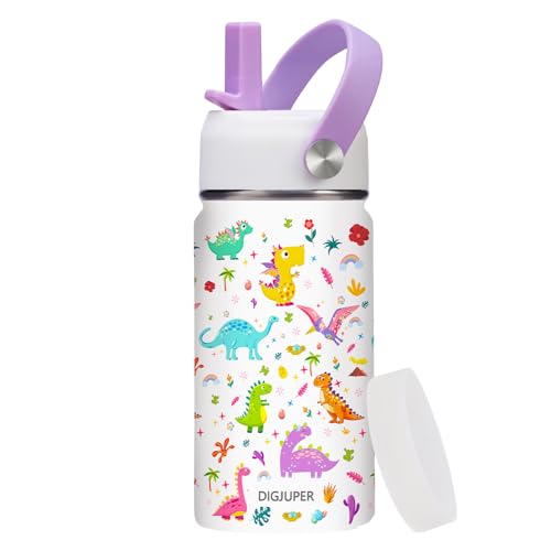 Insulated Water Bottles Kids w/Straw - 12 oz Stainless Steel Water Bottle for School, Simple Girls Gift BPA-Free Water Cup, Double Wall Thermo Metal Mug 12oz Travel Flask, Modern White Dinosaur