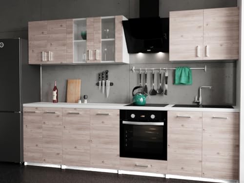 roe furniture Küchenzeile ohne Elektrogeräte - Modern Einbauküche 280 cm - Küche Komplett Leco - Küchenblock - Geräumige Singleküche - Küchenmöbel Komplett Dunkel Sonoma & Weiße Arbeitsplatte