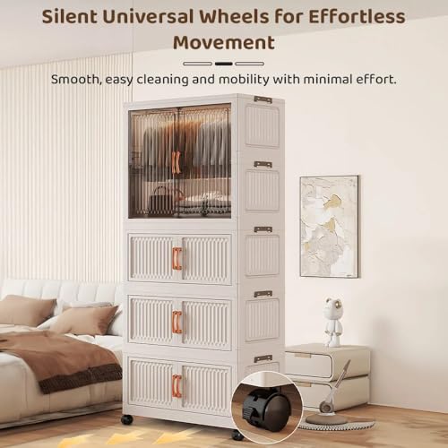 Image of Mevigo 4-Door Plastic Wardrobe for Kids| Almirah and Wardrobe for Baby Clothes| Modular Storage Cabinet with Wheel Organizer for Cupboard Rack for Clothes /Shoes /Books /Toy -Shine White-A-751