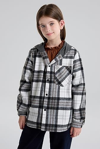 Image of SOLOCOTE Big Boys Flannel Plaid Shirt Kids Cotton Lightweight Hooded Long Sleeve Spring Fall Button Front Jacket