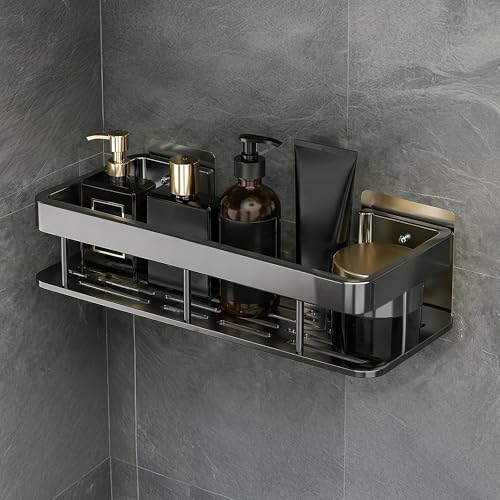 Image of amazon basics Self Adhesive Bathroom Shelf for Wall, Bathroom Organiser Without Drill, Rust Resistant Wall Mounted Bathroom Rack for Shampoo, Soap & Toiletries, Black, Pack of 1