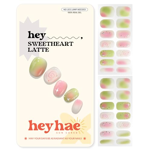 Heyhae Semi Cured Gel Nail Strips | No LED Lamp Needed | Fall, Glam, Pink | Easy Apply & Remove, Salon Quality | Includes 28 Strips, 1 Prep Pads, Nail File & Wooden stick - Hey, Sweetheart Latte