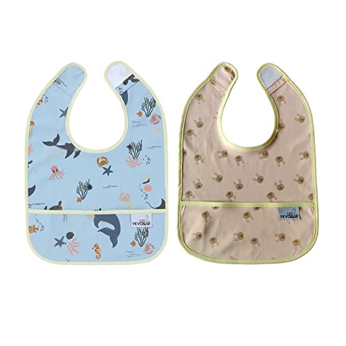 Image of YKVOSAR Baby Bibs for Eating Waterproof Baby Bibs Baby Feeding Bibs 2 Packs Washable Baby Food Bibs 6-24 Months