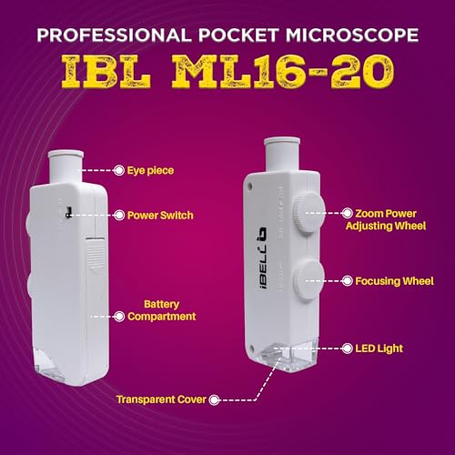 Image of iBELL Professional Pocket Microscope IBL-ML16-20, 160X-200X Magnification with LED Light, ABS Body, Compact Handheld Microscope for Inspection and Education