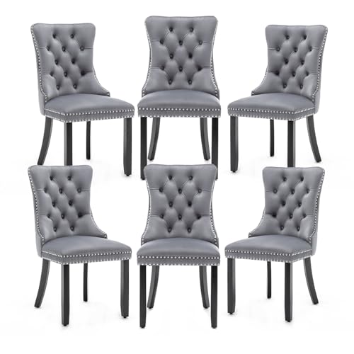 Hixkol Velvet Dining Chairs Set of 6,Upholstered Dining Chairs with Ring Pull Trim and Button Back,Modern Seating for Kitchen, Bedroom & Living Room(Grey)