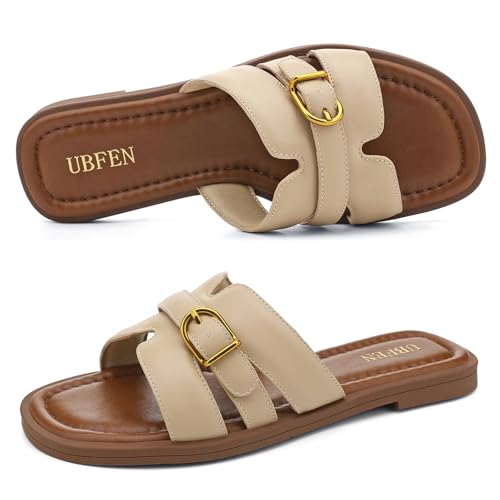 UBFEN Women's Square Toe H-Strap Slide Sandals Trendy Comfortable Summer Flat Sandals for Casual, Beach, Vacation D Khaki Women US Size 9 by UBFEN - Image 3