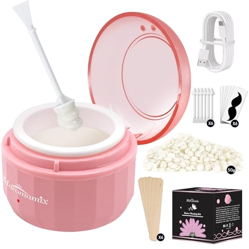 Mini Waxing Kit for Women & Men - Mini Portable Wax Warmer for Nose/Ear/Eyebrow/Beard/Lip Fuzz Hair Removal with 50g Hard Wax Beans 10 Applicators & 5 Nose Hair Sticks &1 Silicone Pot - 5V USB(Pink)
