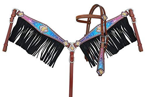 Showman Galaxy Print Leather Browband Headstall & Breast Collar Set w Fringe & Reins