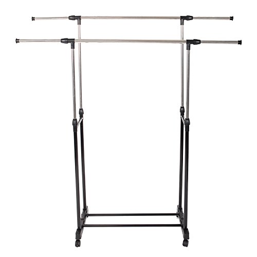 Guangshuohui Clothes Garment Rack, Double Rod Closet Double Rail Clothing Rolling Rack On Wheels And Bottom Shelves, Black & Silver (A) #TOP4