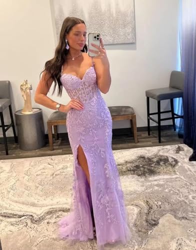 Lace Prom Dresses for Women Spaghetti Straps Tulle Applique Sweetheart Neck Mermaid Formal Evening Party Gowns with Slit4