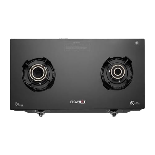 BLOWHOT 2 Tornado Brass Burner Auto Ignition Gas Stove - Toughened Glass Cook Top -ISI certified- Black Powder Coated Body...