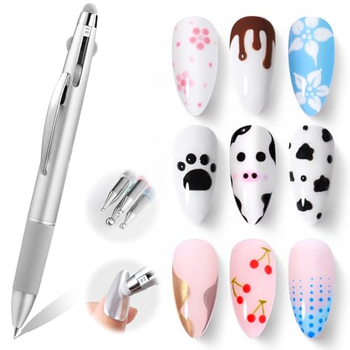 Image of Beetles Nail Dotting Pen 4-in-1 Manicure Art Tools in Ballpoint Design with Size Marking and Pressing Head Double-end Nail Dotting Tool, Pefect for Dottings Painting Gems Chrome Powder DIY and Salon