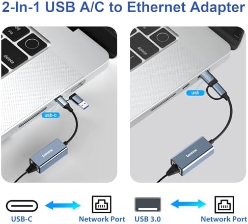 Denlane USB 3.0 to Ethernet Adapter, Ethernet to USB C Adapter 2-in-1, RJ45 Gigabit Network (1000Mbps) Hub Compatible with iPhone 15 16 17/USB-C iPad, MacBook/Pro/Air, Laptop, Windows 11/10/8/7, etc - 2