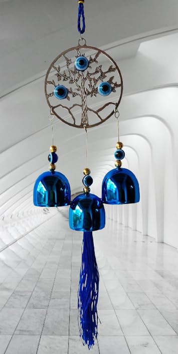 Image of Nazar Battu for Home Entrance Evil Eye Hanging for Home Lucky Big 3 Bells with Circle Tree Showpieces for Good Luck and Prosperity At Office and Home, Blue