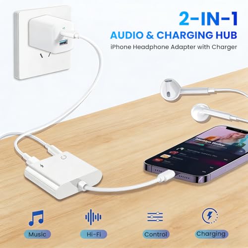 Image of Verilux 2 in 1 Lighting to 3.5mm Adapter with Charging & Audio for iPhone, Lighting to 3.5 mm Jack Headphone Splitter, Supports Hi-Res Lossless Sound, Compatible with iPhone 14 /13 /12 /11 /XS /XR /8 /7