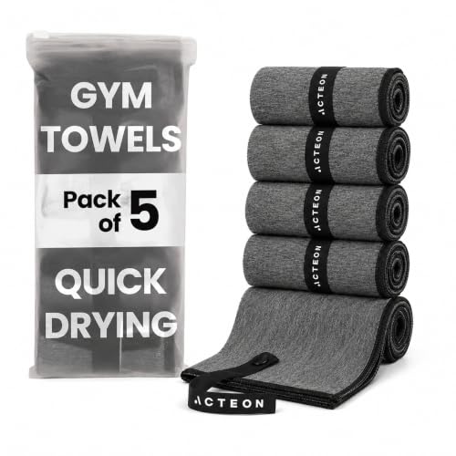 Acteon Microfiber Quick Dry Gym Towel 5 Pack, Silver ION Odor-Free Absorbent Fiber, Fast Drying, Men & Women Workout Gear for Body Sweat, Working Out, Towels Charcoal Grey