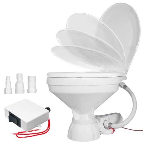 TMC Electric Marine Toilet, RV Toilet with Threaded-On Hose Connection, Boat Toilet, Large Design Bowl, Heavy-Duty Macerator Pump, Smart Flush Control, Quiet Soft-Close Lid, 12V DC - FO4706