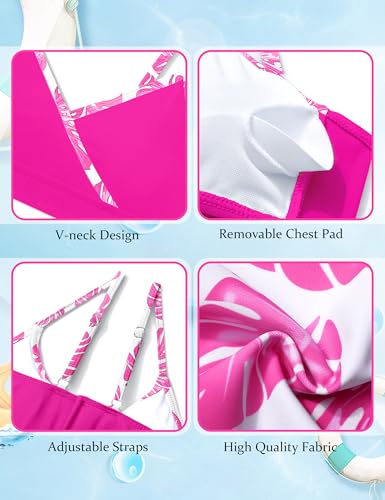 Image of Oranchids Girls Swimsuit Girl Bathing Suit Size 8-10 3 Piece Tropical Print V Neck Bikini Set with Cover Up Pants Bathing Suits for Girls Size 10 Swimsuit Hot Pink Size 9-10