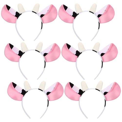 WILLBOND 6 Cow Ear Headband Plush Animal Ears and Horns Headband Halloween Party Cosplay Costume Fancy Dress Accessory