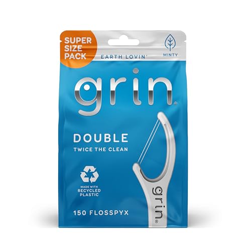 GRIN Double Flosspyx Floss Picks 150 ct Dental Flossers Minty Flavor Recycled Plastic 2 Lines of Strong Floss Longer Floss Head Traps Food and Plaque Includes Safe Soft Fold-Back Tooth Pick