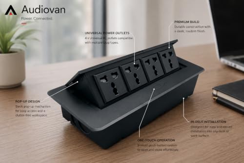 Image of Audiovan Hydraulic Cable Cubby Pop Up Conference Box, Cable Manager Socket Electrical Box with 4 Power Socket 10 Amp UL Certified Black