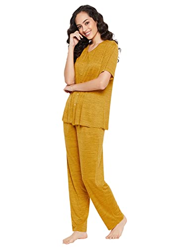 Image of Clovia Women's Cotton Chic Basic Button Top and Pyjama Set in Yellow