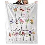 Anniversaree Mom Grandma Great Grandma Blanket with Grandkid's Name Birth Flowers Family Member Names, Great Grandparents Blankets from Grandkids