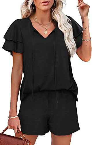 Lounge Sets for Women 2 Piece Short Sleeve V-Neck Outfits Plain Shorts Sets Black M