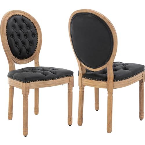 French Country Dining Chairs Set of 2 Black Kitchen Dining Room Chairs Set of 2 Faux Leather Kitchen Chairs Tufted Upholstered Wood Legs Sillas De Comedor PU Black 2Pcs