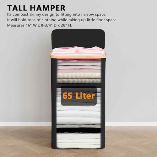 SpaceAid Slim Laundry Hamper with Lid, 65L Narrow Clothes Basket Bin with Bamboo Handles, Skinny Tall Collapsible Hamper for Bedroom, Bathroom, Dorm, Laundry Room - Black