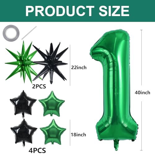 Image of TONIFUL 1st Birthday Balloons 40 Inch Green Large Number 1 Foil Balloon 18 Inch Helium Mylar Heart Star Shaped Ballons for Boys Men Birthday Anniversary Graduation New Year Eve Party Decoration