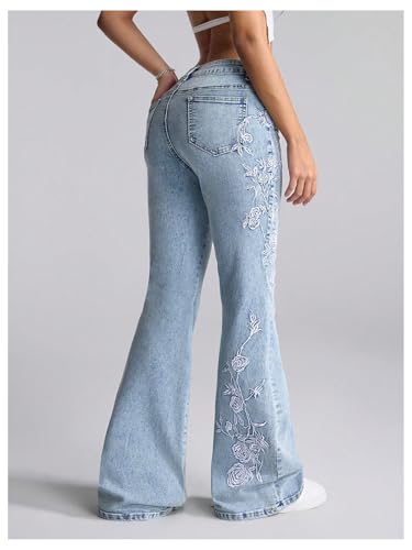 MakeMeChic Women's Jeans Y2K Floral Embroidery Flared Low Waisted Bootcut Denim Pants3