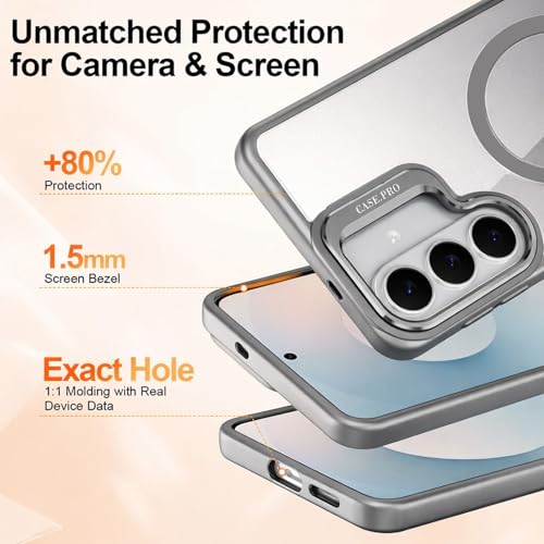 Image of VONZEE Compatible for Samsung S26 5G Case, Compatible with MagSafe, Military-Grade Protective Case, Built-in Stash Stand Phone Case, Scratch-Resistant Back Cover, Classic Series|Clear Grey