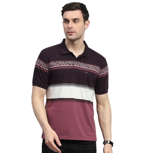 Image of Monte Carlo Mens Striped Polo Collar Half Sleeve Cotton Blend Casual T-Shirt (224064162)