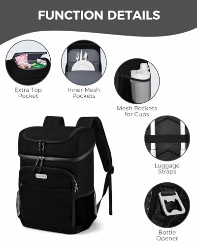 BAGLHER Cooler Backpack 30 Cans, Leakproof Waterproof Cooler Bag with 5 Reusable Ice Pack for Camping, Beach, Hiking, Black