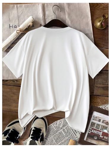 Image of RoseSeek Women's Bow Print Short Sleeve Round Neck Oversized Tops Basic Loose Fit Drop Shoulder Tees for Summer