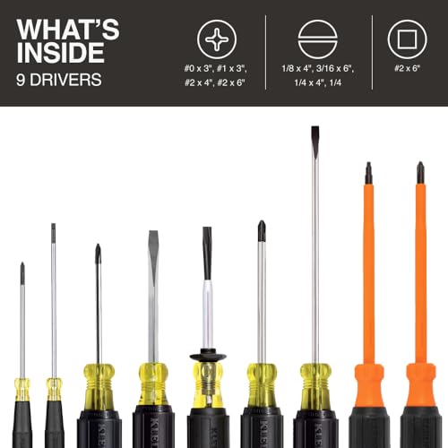 Image of Klein Tools 85850 9-Piece Electrician Tool Set with (3) Phillips, (3) Slotted, (1) Screw-Holding Driver, (2) Insulated Drivers - Phillips and Square, Cushion-Grip Handle