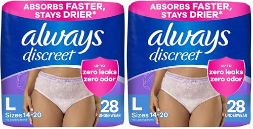 Image of Always Discreet Adult Incontinence Underwear for Women and Postpartum Underwear, Large, Up to 100% Bladder Leak Protection, 28 Count (Pack of 2)