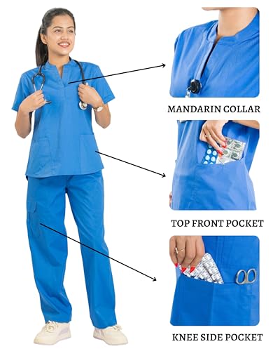 Image of Flexi Women Medical Scrub Set | 5 Pockets | Cotton Lycra Doctor Scrubs | Y-Neck Top | Straight Pants | Hospital Uniform for Doctors & Nurses
