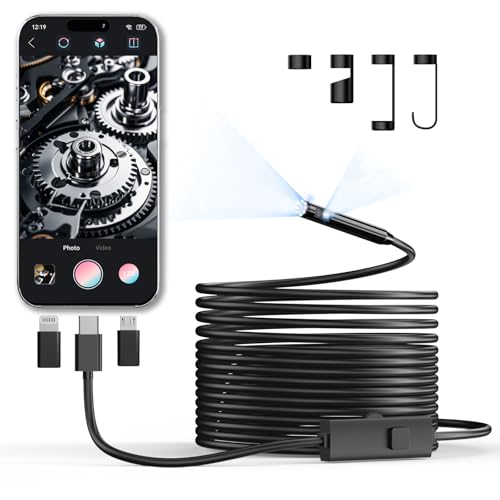 CTEOUNPT Endoscope Camera with Light, 1920P HD Borescope Inspection Camera with 8 Adjustable LEDs, IP67 Waterproof Semi-Rigid Snake Cable for Android, iPhone, and iPad(16.4ft, Dual Lens)