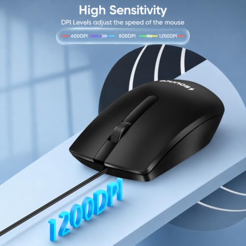 Image of Sounce Carbon M1 Wired USB Mouse with 1200 DPI Optical Tracking, 3 Buttons, Scroll Wheel, 1.5m Cable, Plug & Play, Compact Design for Laptop & PC - Black