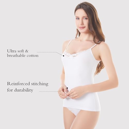 Image of Womens Tank Top Camisoles with Premium Cotton Italian Design - Trimmed with Flower Lace on Neckline